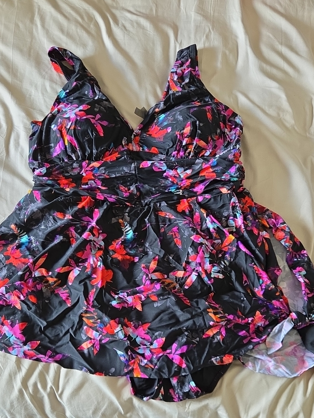 torrid Black One-Piece Swimdress with Pink, Red & Blue Floral Print